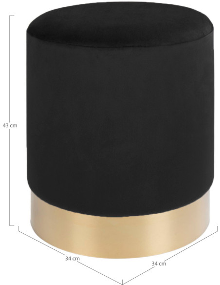 Pouf moderne chic Rond Velours Noir Métal Doré Effet laiton Gamby 