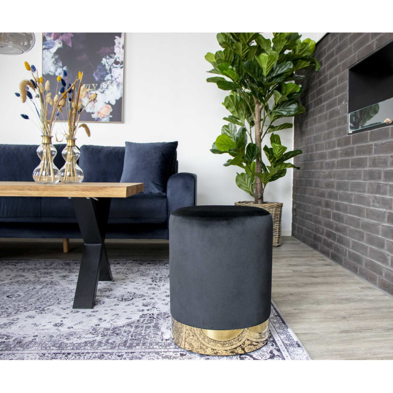 Pouf moderne chic Rond Velours Noir Métal Doré Effet laiton Gamby 