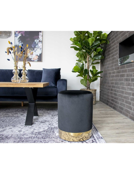 Pouf moderne chic Rond Velours Noir Métal Doré Effet laiton Gamby 
