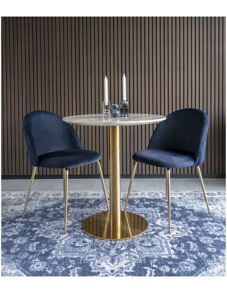 Table à manger moderne Ronde 2 personnes Bois MDF Blanc Effet marbre Métal Doré Effet laiton Bolzano 