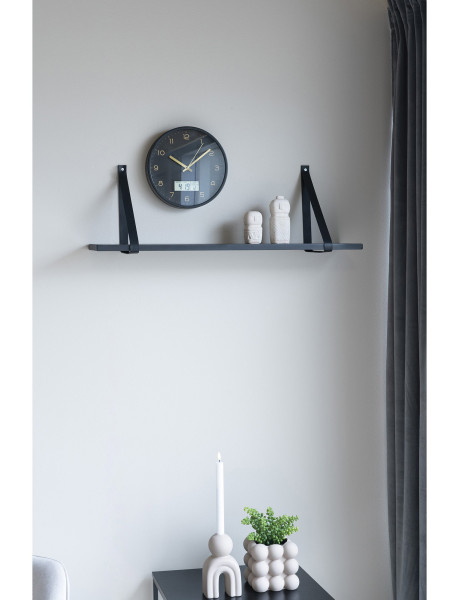 Étagère murale moderne 80 cm Bois d'hévéa Noir Cuir véritable Noir Forno 