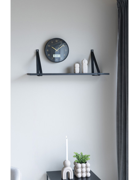 Étagère murale moderne 80 cm Bois d'hévéa Noir Cuir véritable Noir Forno 