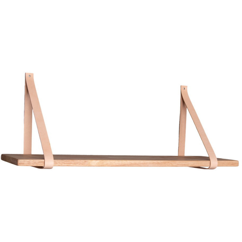 Grande Étagère murale moderne 120 cm Bois d'hévéa Naturel Cuir véritable Marron Forno 