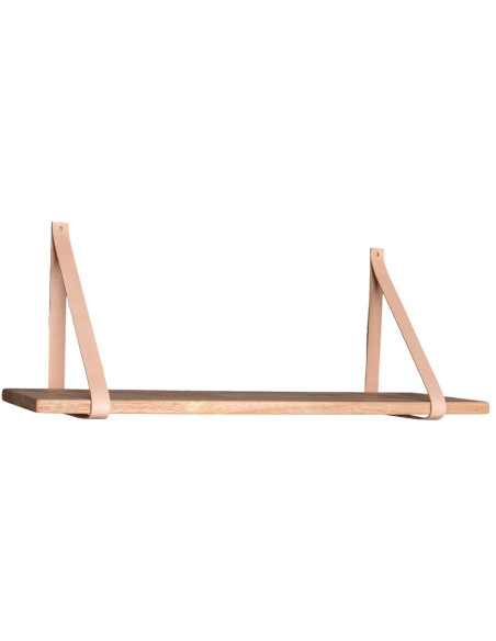 Grande Étagère murale moderne 120 cm Bois d'hévéa Naturel Cuir véritable Marron Forno 