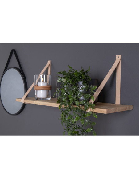 Grande Étagère murale moderne 120 cm Bois d'hévéa Naturel Cuir véritable Marron Forno 