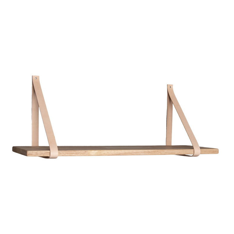 Étagère murale moderne 80 cm Bois d'hévéa Naturel Cuir véritable Marron Forno 