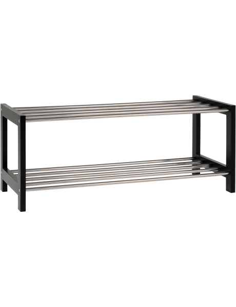 Étagère à chaussures moderne 2 niveaux Bois de peuplier Noir Métal Argenté Padova 