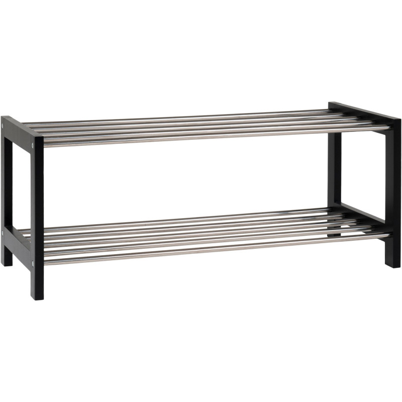 Étagère à chaussures moderne 2 niveaux Bois de peuplier Noir Métal Argenté Padova 
