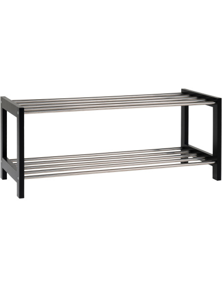 Étagère à chaussures moderne 2 niveaux Bois de peuplier Noir Métal Argenté Padova 