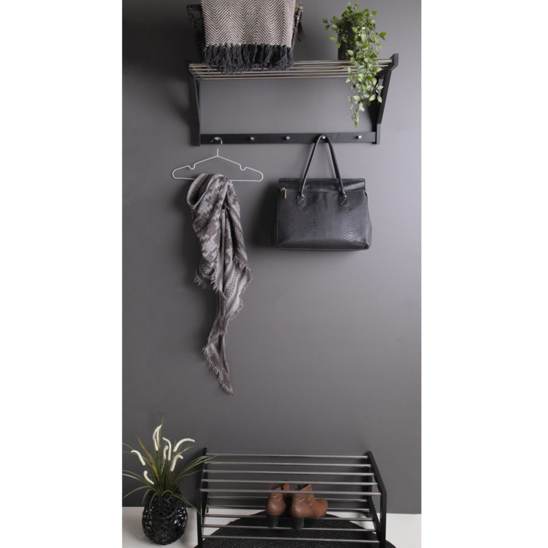 Étagère à chaussures moderne 2 niveaux Bois de peuplier Noir Métal Argenté Padova 