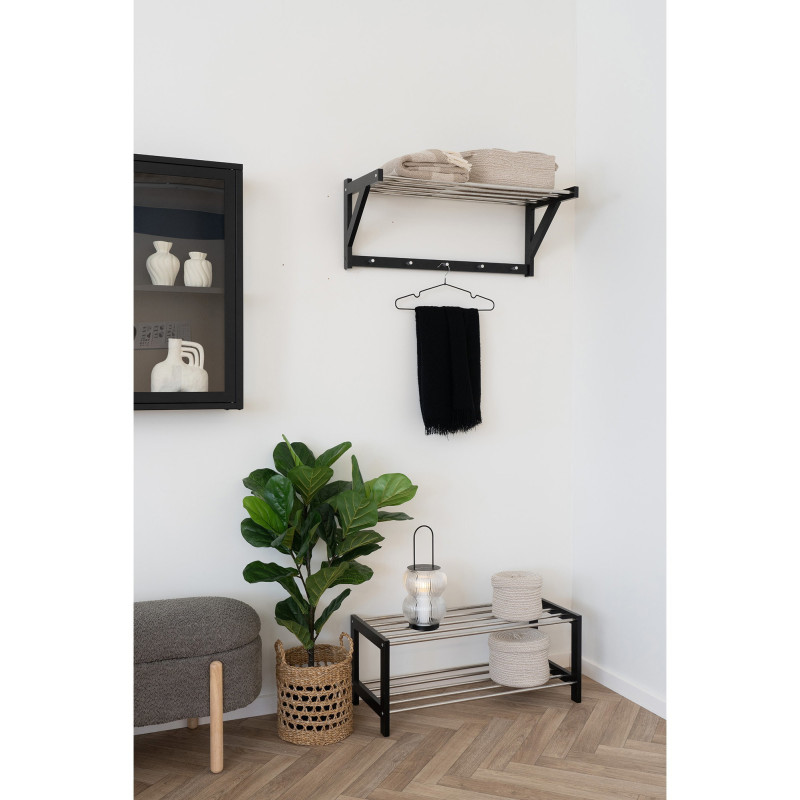 Étagère murale moderne porte manteaux 5 crochets Bois de peuplier Noir Métal Argenté Padova 