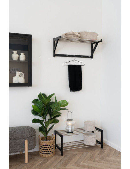 Étagère murale moderne porte manteaux 5 crochets Bois de peuplier Noir Métal Argenté Padova 