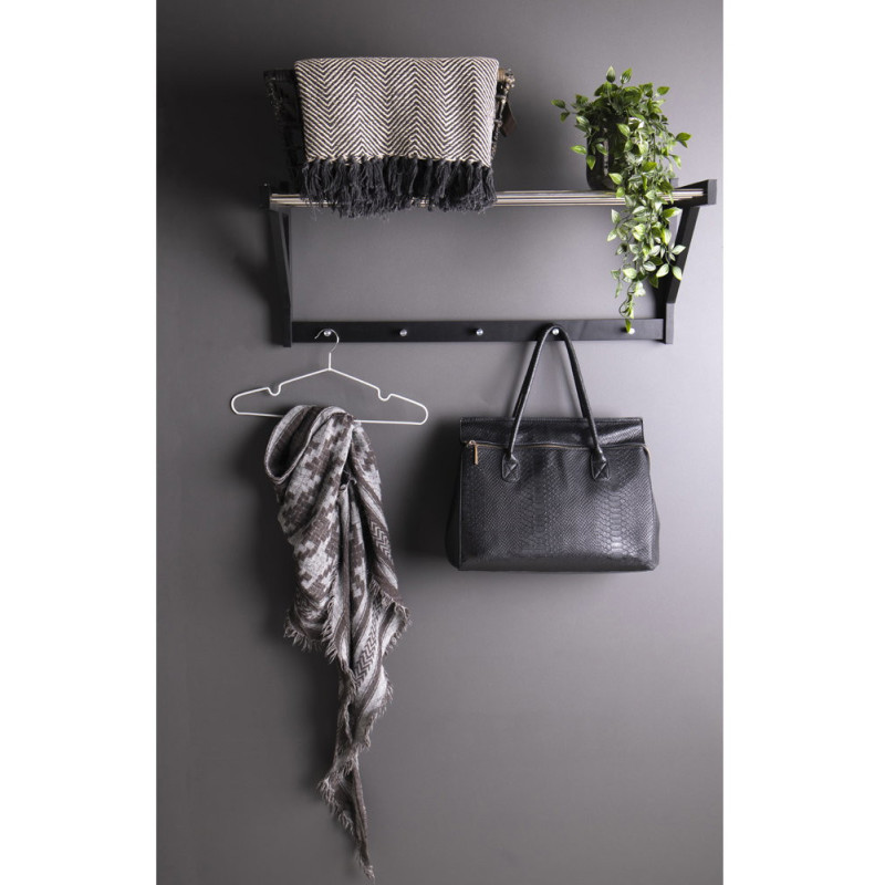 Étagère murale moderne porte manteaux 5 crochets Bois de peuplier Noir Métal Argenté Padova 