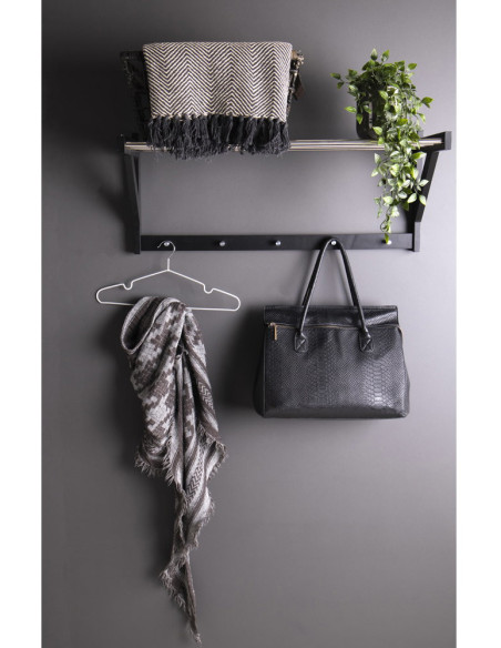 Étagère murale moderne porte manteaux 5 crochets Bois de peuplier Noir Métal Argenté Padova 