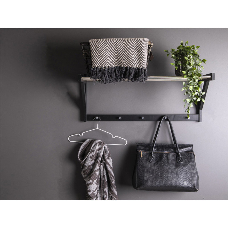 Étagère murale moderne porte manteaux 5 crochets Bois de peuplier Noir Métal Argenté Padova 