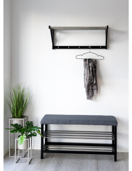 Étagère murale moderne porte manteaux 5 crochets Bois de peuplier Noir Métal Argenté Padova 