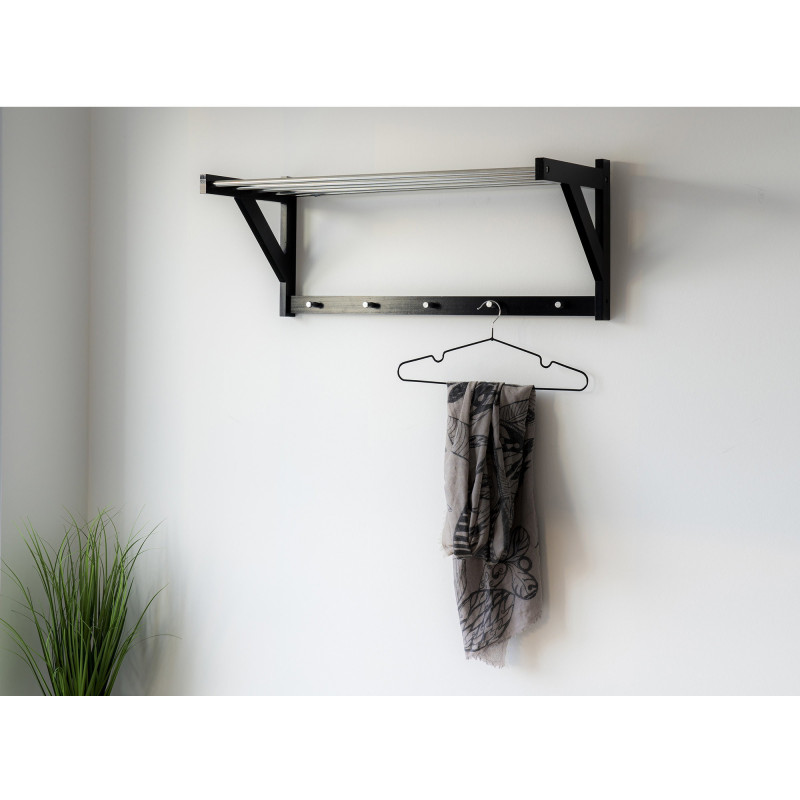 Étagère murale moderne porte manteaux 5 crochets Bois de peuplier Noir Métal Argenté Padova 