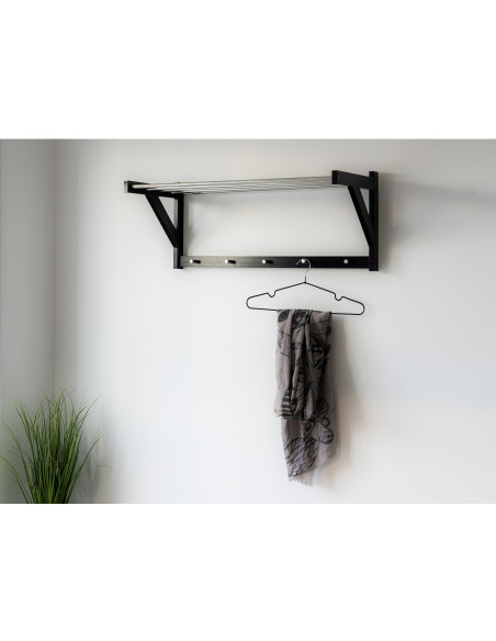 Étagère murale moderne porte manteaux 5 crochets Bois de peuplier Noir Métal Argenté Padova 