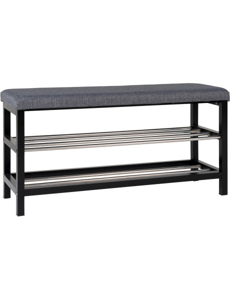 Banc d'entrée moderne 2 étagères Tissu Gris Bois de peuplier Noir Métal Argenté Padova 
