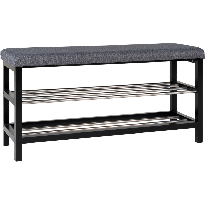 Banc d'entrée moderne 2 étagères Tissu Gris Bois de peuplier Noir Métal Argenté Padova 