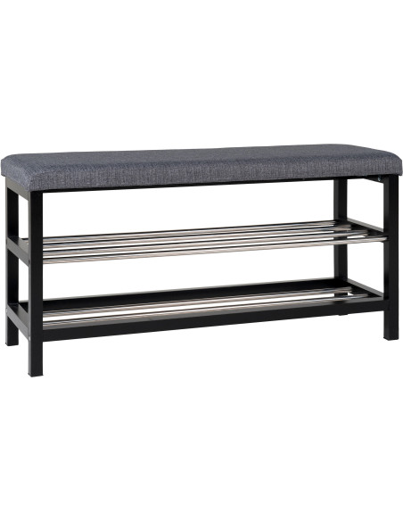 Banc d'entrée moderne 2 étagères Tissu Gris Bois de peuplier Noir Métal Argenté Padova 