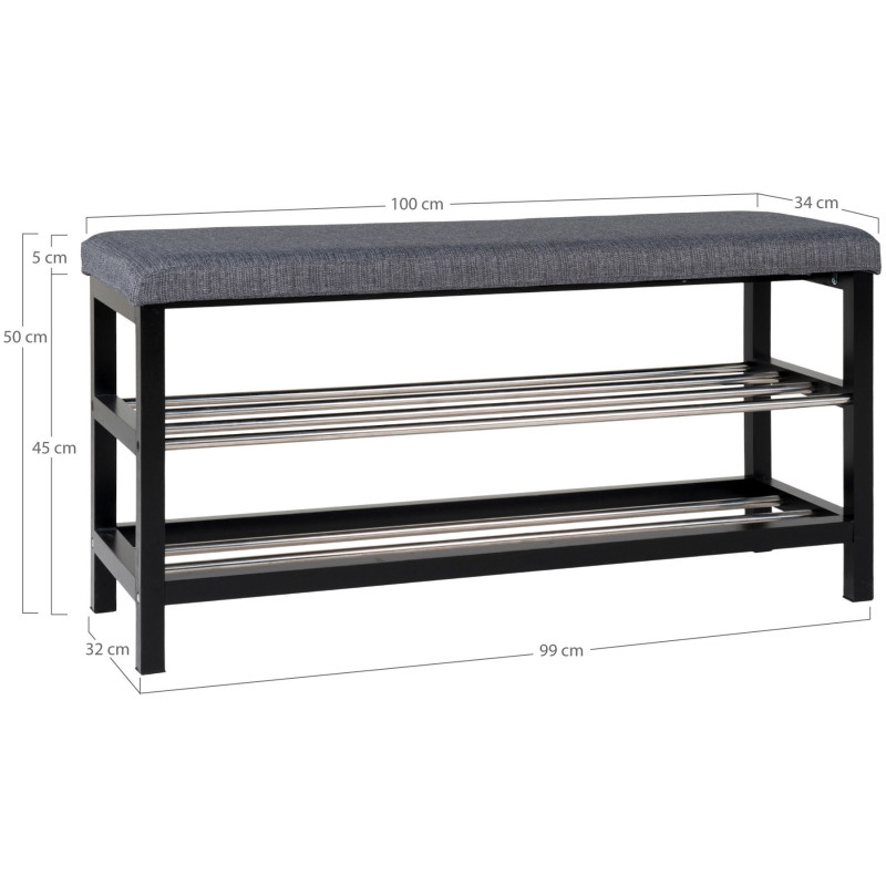 Banc d'entrée moderne 2 étagères Tissu Gris Bois de peuplier Noir Métal Argenté Padova 