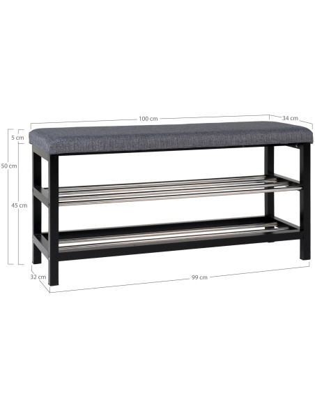 Banc d'entrée moderne 2 étagères Tissu Gris Bois de peuplier Noir Métal Argenté Padova 