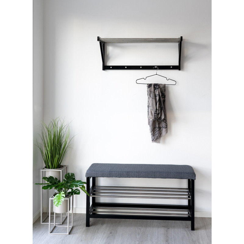 Banc d'entrée moderne 2 étagères Tissu Gris Bois de peuplier Noir Métal Argenté Padova 