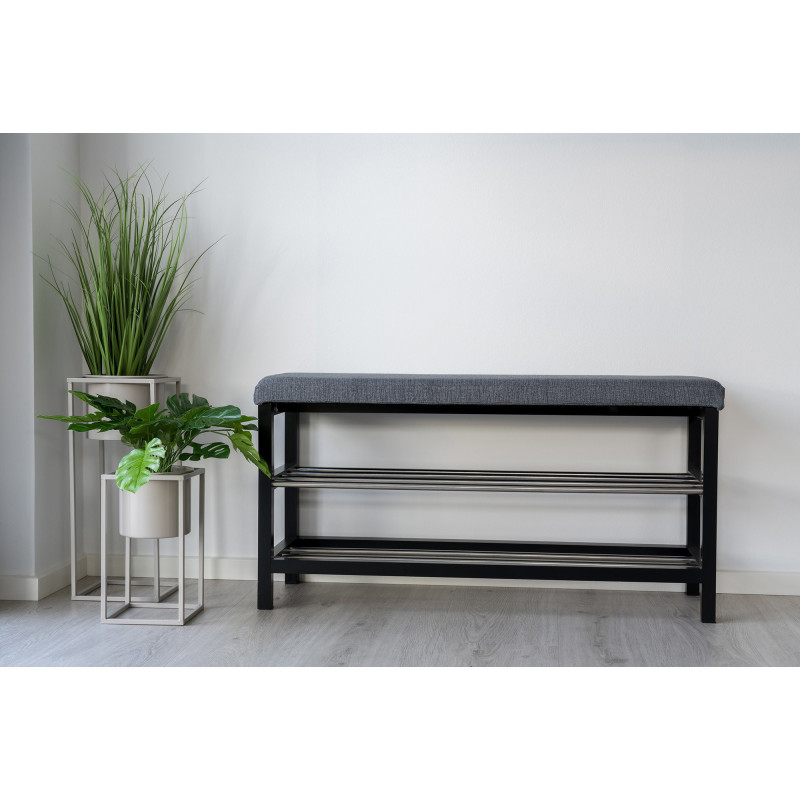 Banc d'entrée moderne 2 étagères Tissu Gris Bois de peuplier Noir Métal Argenté Padova 