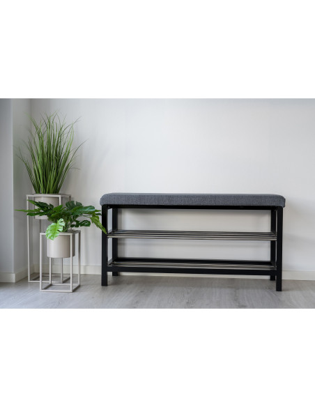 Banc d'entrée moderne 2 étagères Tissu Gris Bois de peuplier Noir Métal Argenté Padova 