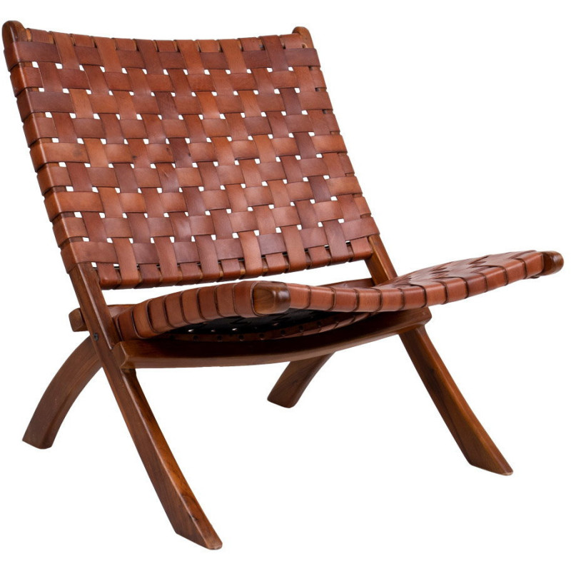 Fauteuil détente bas Cuir véritable Marron Bois de teck Naturel Perugia House Nordic - 1