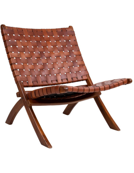Fauteuil détente bas Cuir véritable Marron Bois de teck Naturel Perugia House Nordic - 1