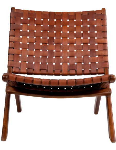 Fauteuil détente bas Cuir véritable Marron Bois de teck Naturel Perugia House Nordic - 2