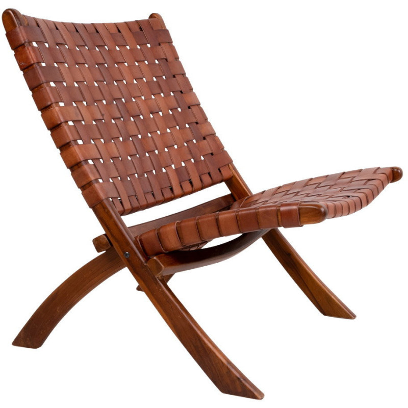 Fauteuil détente bas Cuir véritable Marron Bois de teck Naturel Perugia House Nordic - 3