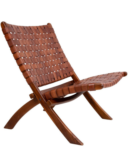 Fauteuil détente bas Cuir véritable Marron Bois de teck Naturel Perugia House Nordic - 3