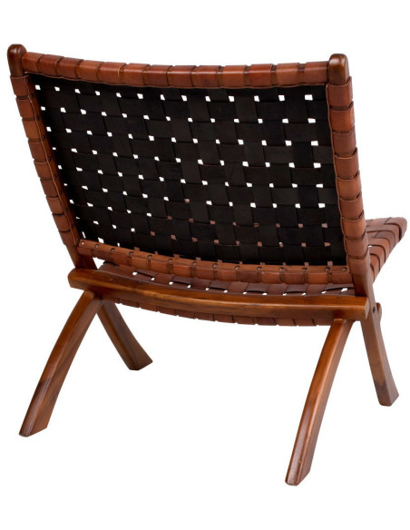 Fauteuil détente bas Cuir véritable Marron Bois de teck Naturel Perugia House Nordic - 4