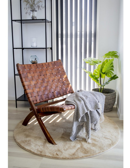 Fauteuil détente bas Cuir véritable Marron Bois de teck Naturel Perugia House Nordic - 6