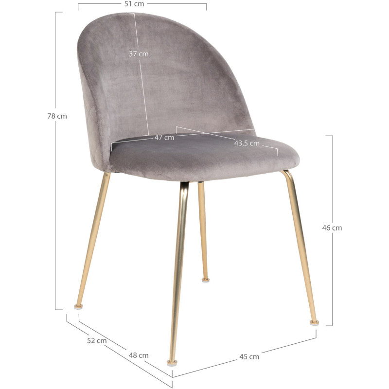 Chaise moderne arrondie Velours Gris Métal Doré Effet laiton Geneve (Lot de 2) 