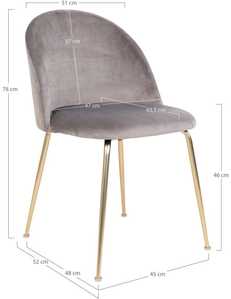 Chaise moderne arrondie Velours Gris Métal Doré Effet laiton Geneve (Lot de 2) 