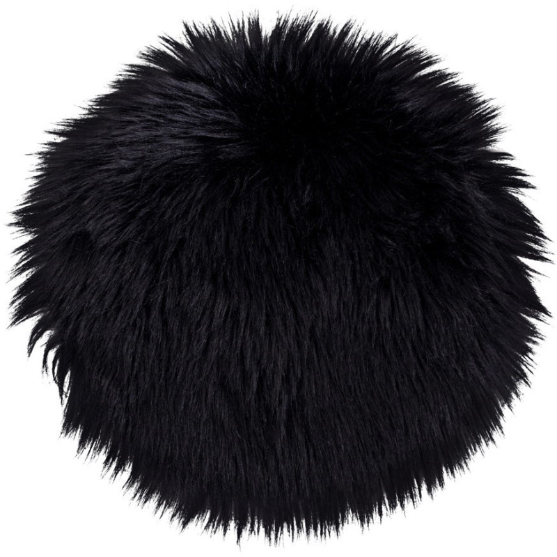 Coussin Peau de mouton poils longs Rond 35x35 Fausse fourrure Noir Lambskin 