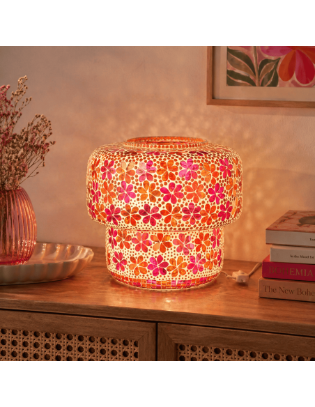 Lampe champignon mosaïque fleurs verre rose et orange H30 cm Floralyth
