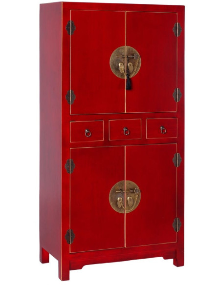 Armoire chinoise rouge bois 4 portes 3 tiroirs 63 x 33 x 131 cm Oriente