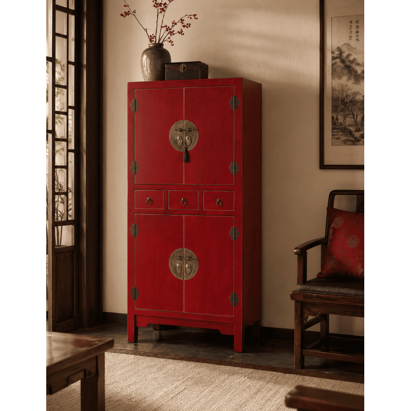Armoire chinoise rouge bois 4 portes...