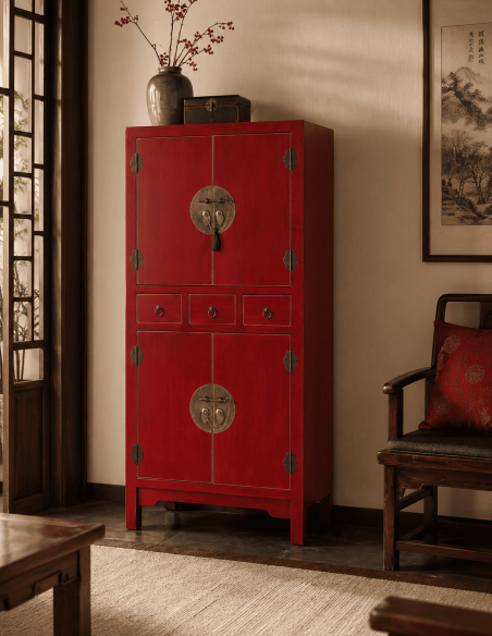 Armoire chinoise rouge bois 4 portes 3 tiroirs 63 x 33 x 131 cm Oriente