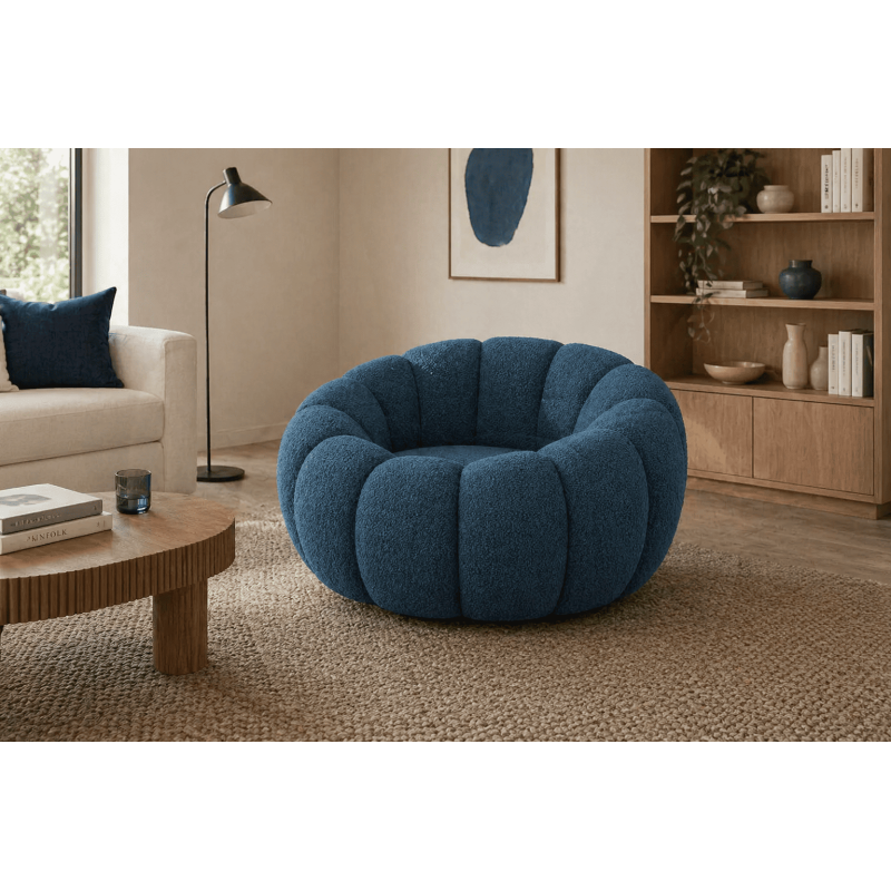 Fauteuil design bleu arrondi tissu...