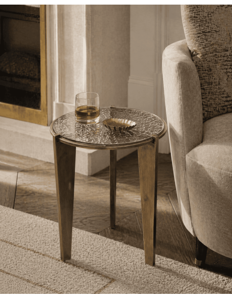 Table d'appoint ronde verre trempé et métal doré vieilli Ø48,5 x H50,5 cm Olula