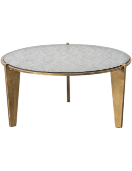 Table basse ronde verre trempé et métal doré vieilli Ø79 x H37,5 cm Olula