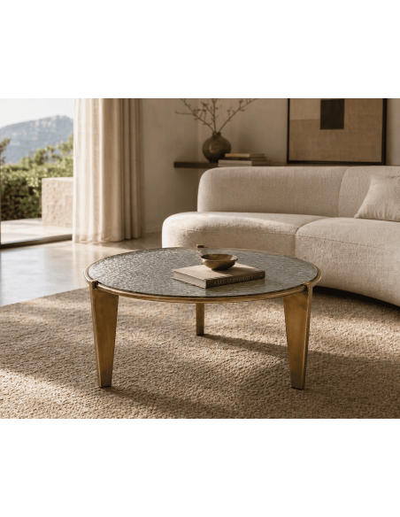 Table basse ronde verre trempé et métal doré vieilli Ø79 x H37,5 cm Olula