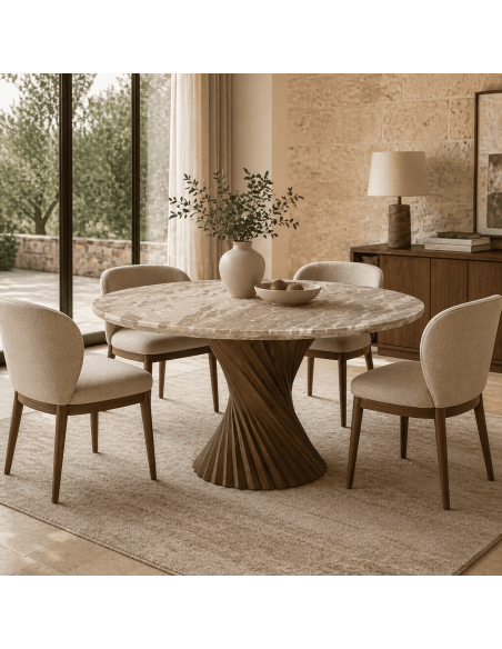 Table à manger ronde 120 cm marbre beige pied torsadé bois Torsia