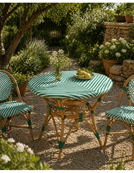 Table à manger extérieur Ronde 4 personnes en Rotin Naturel Plastique Vert Blanc Live